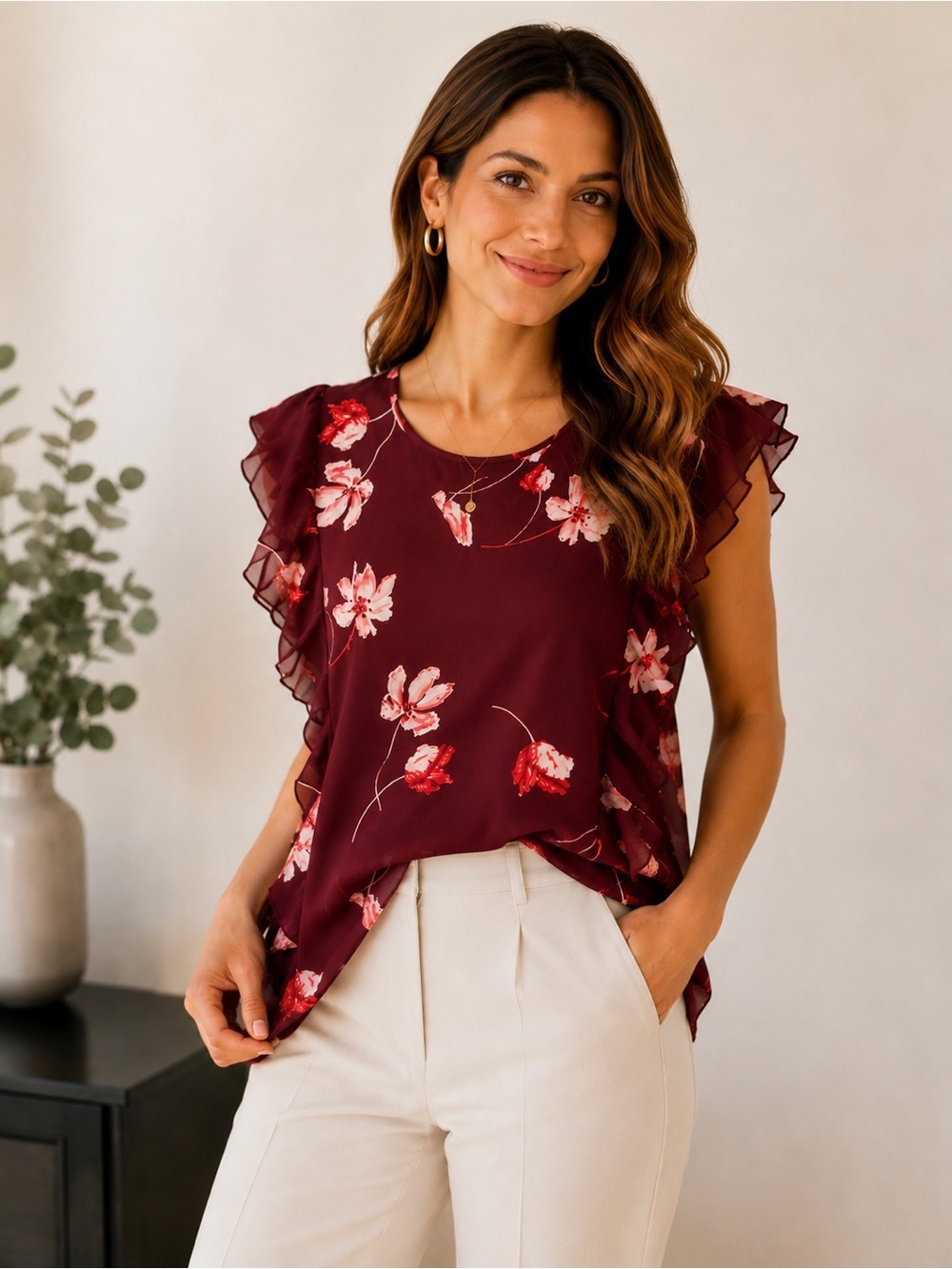 Lauren Ralph Lauren Burgundy Floral Flutter Sleeve Blouse PS